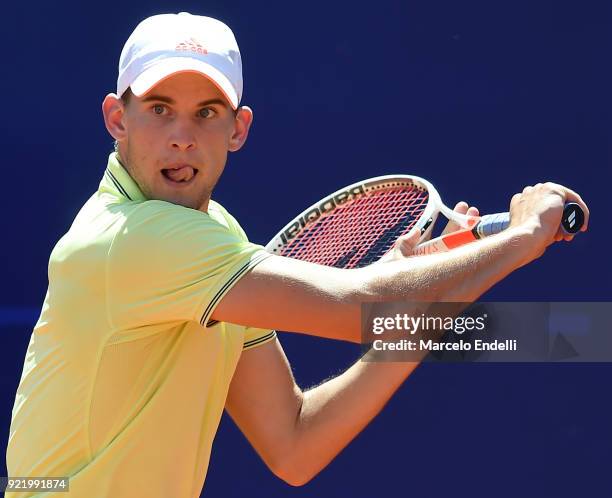 Dominic Thiem of Austria looks on before take a backhand shot during the final match between Dominic Thiem of Austria and Aljaz Bedene of Slovenia as...