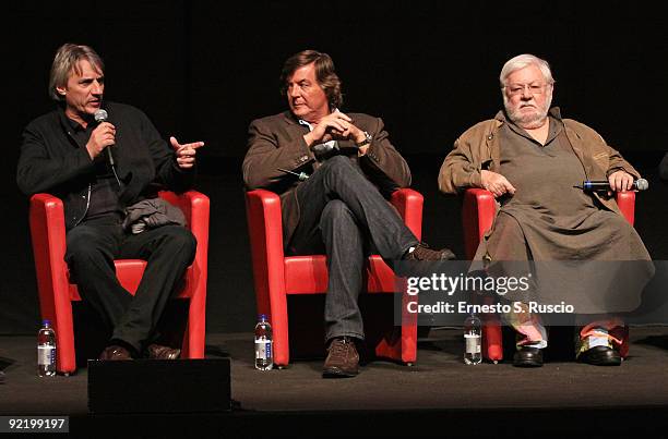 Director Mimmo Calopresti, actors Adriano Panatta and Paolo Villaggio attend the 'La Maglietta Rossa' Photocall during Day 8 of the 4th International...