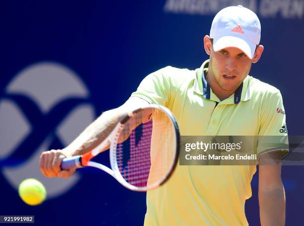 Dominic Thiem of Austria takes a backhand shot during the final match between Dominic Thiem of Austria and Aljaz Bedene of Slovenia as part of ATP...