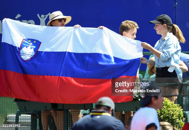 Fans of Aljaz Bedene of Slovenia display a flag during the final match between "tDominic Thiem of Austria and Aljaz Bedene of Slovenia as part of ATP...
