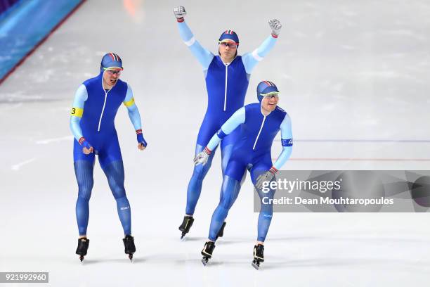 Simen Spieler Nilsen, Havard Bokko and Sverre Lunde Pedersen of Norway celebrate setting an Olympic record during the Men's Team Pursuit Semifinal 2...