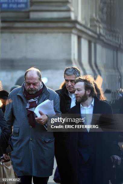 French former budget minister Jerome Cahuzac and his lawyers Eric Dupond-Moretti and Antoine Vey arrive at Paris' courthouse on February 21, 2018 for...