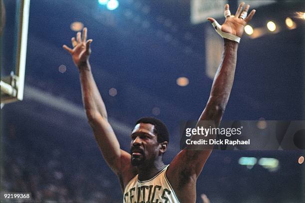Bill Russell of the Boston Celtics defends during a game played in 1968 at the Boston Garden in Boston, Massachusetts. NOTE TO USER: User expressly...