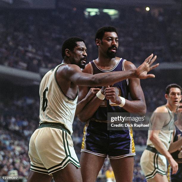 Bill Russell of the Boston Celtics defends against Wilt Chamberlain of the Los Angeles Lakers during a game played in 1968 at the Boston Garden in...