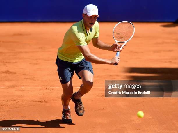 Dominic Thiem of Austria takes a backhand shot during the final match between Dominic Thiem of Austria and Aljaz Bedene of Slovenia as part of ATP...