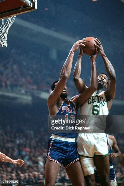 Bill Russell of the Boston Celtics and Wilt Chamberlain of the of the Philadephia 76ers battle for a rebound during a game played in 1967 at the...