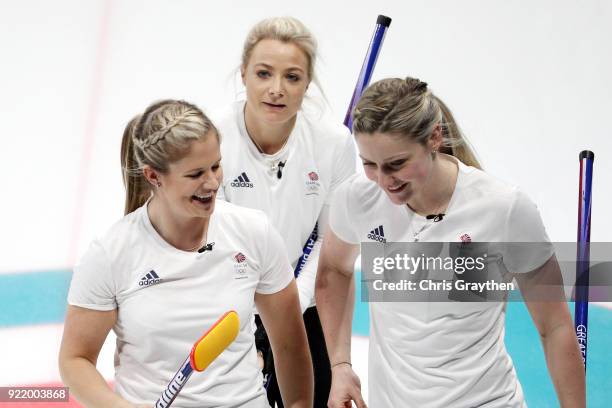 Vicki Adams, Anna Sloan and Lauren Gray of Team Great Britian celebrates after defeating Canada 6-5 during the Women's Round Robin Session 11 at...