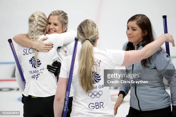 Anna Sloan, Vicki Adams, Lauren Gray and Eve Muirhead of Team Great Britian celebrates after defeating Canada 6-5 during the Women's Round Robin...