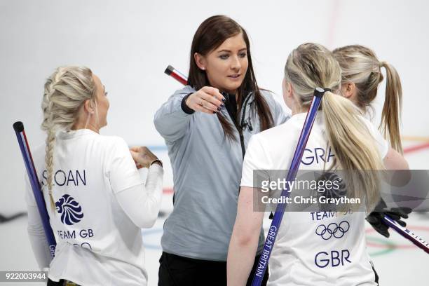 Anna Sloan, Eve Muirhead, Lauren Gray and Vicki Adams of Team Great Britian celebrates after defeating Canada 6-5 during the Women's Round Robin...