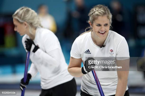 Anna Sloan and Vicki Adams of Team Great Britian competes against Canada during the Women's Round Robin Session 11 at Gangneung Curling Centre on...