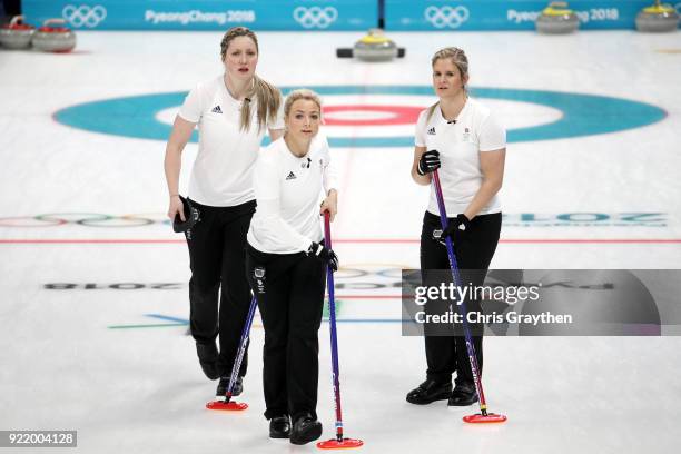 Lauren Gray, Anna Sloan and Vicki Adams of Team Great Britian competes against Canada during the Women's Round Robin Session 11 at Gangneung Curling...