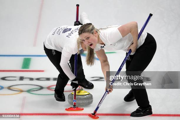 Anna Sloan and Lauren Gray of Team Great Britian competes against Canada during the Women's Round Robin Session 11 at Gangneung Curling Centre on...
