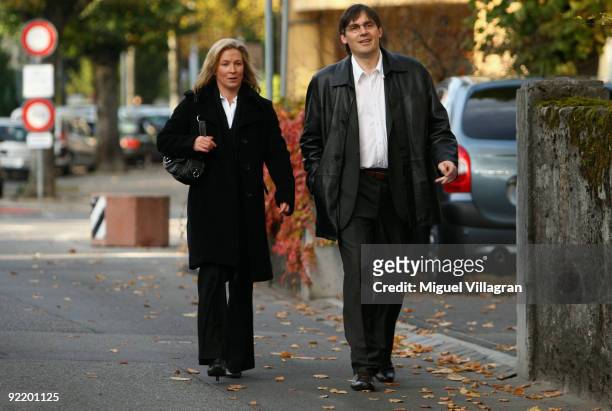 Olympic speed skating champion Claudia Pechstein and her manager Ralf Grengel walks towards the of Arbitration for Sport on October 22, 2009 in...