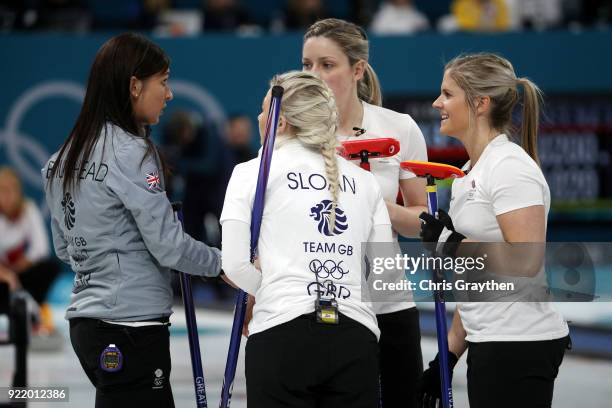 Eve Muirhead, Lauren Gray, Vicki Adams and Anna Sloan of Team Great Britian competes against Canada during the Women's Round Robin Session 11 at...