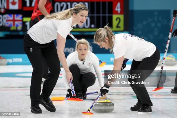 Lauren Gray, Anna Sloan and Vicki Adams of Team Great Britian competes against Canada during the Women's Round Robin Session 11 at Gangneung Curling...