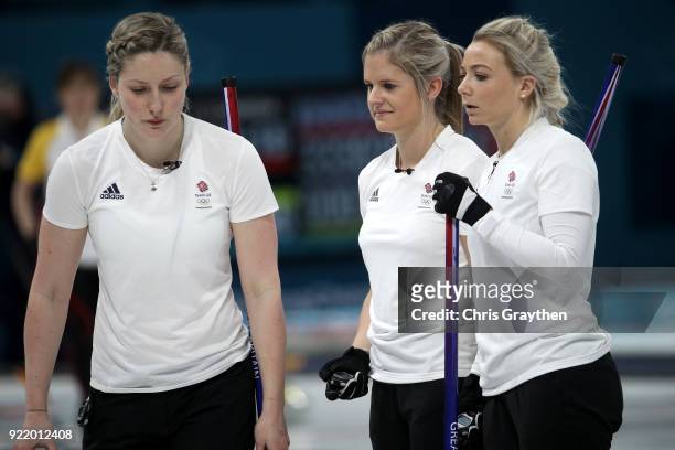Lauren Gray, Vicki Adams and Anna Sloan of Team Great Britian competes against Canada during the Women's Round Robin Session 11 at Gangneung Curling...