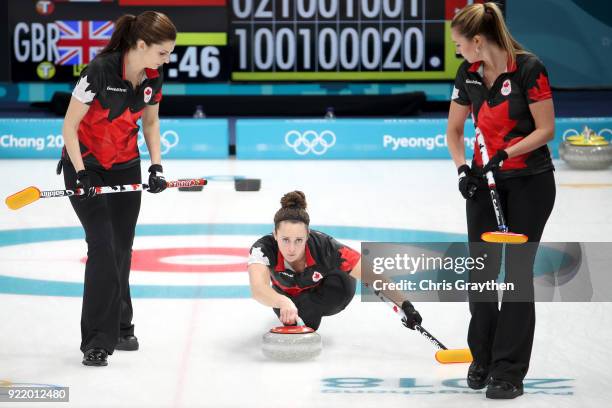 Team Canada competes against Great Britian during the Women's Round Robin Session 11 at Gangneung Curling Centre on February 21, 2018 in Gangneung,...