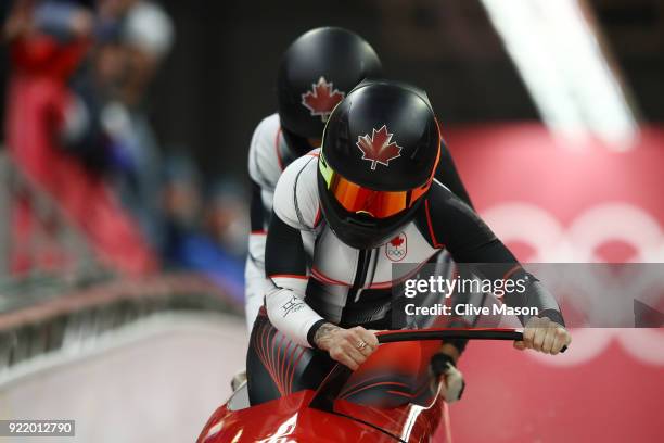 Kaillie Humphries and Phylicia George of Canada slide during the Women's Bobsleigh heats on day twelve of the PyeongChang 2018 Winter Olympic Games...