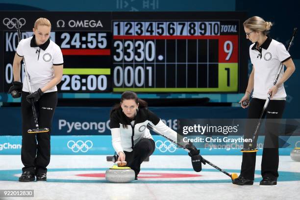 Olympic Athletes from Russia compete against Korea during the Women's Round Robin Session 11 at Gangneung Curling Centre on February 21, 2018 in...