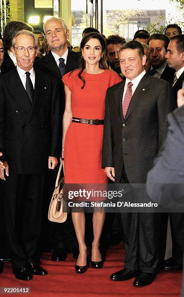 Queen Rania and King Abdullah II of Jordan arrive at the Palazzo Mezzanotte to attend the Jordan-Italy Business Forum on October 22, 2009 in Milan,...