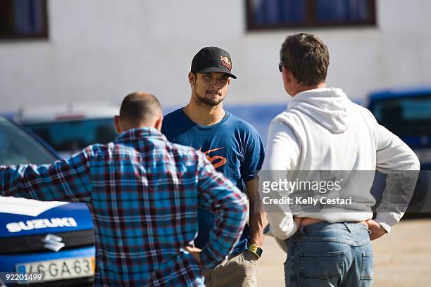 Michel Bourez of Tahiti talks to ASP Head Judge Perry Hatchet of Australia during Round 1 of the Rip Curl Pro Search on October 22, 2009 in Peniche,...