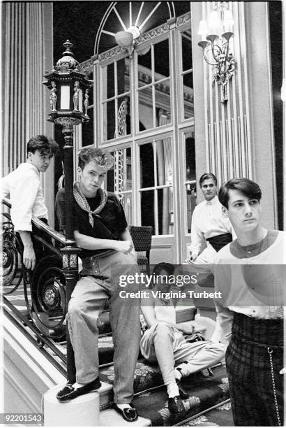 Spandau Ballet posed in the Ritz Hotel, London on August 12 1980. L-R John Keeble, Gary Kemp, Martin Kemp, Steve Norman, Tony Hadley