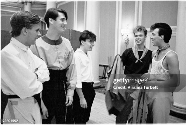 Spandau Ballet posed in the Ritz Hotel, London on August 12 1980. L-R Steve Norman, Tony Hadley, John Keeble, Gary Kemp, Martin Kemp