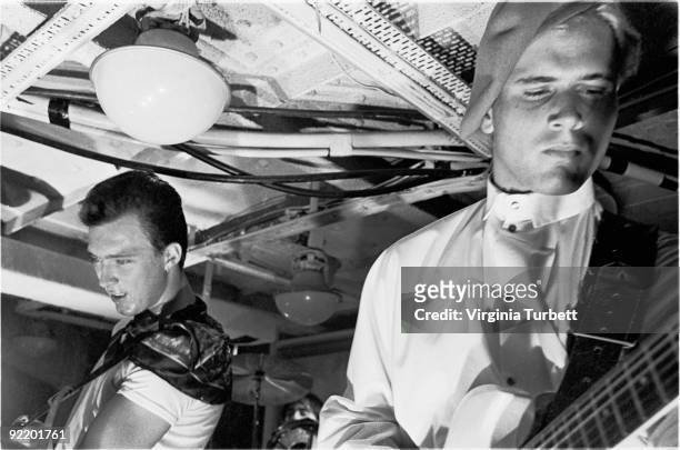 Martin Kemp and Steve Norman from Spandau Ballet perform live on HMS Belfast on July 26 1980