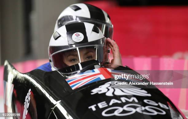 Mica Mcneill of Great Britain reacts in the finish area during the Women's Bobsleigh heats on day twelve of the PyeongChang 2018 Winter Olympic Games...