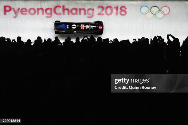 Mica Mcneill and Mica Moore of Great Britain slide during the Women's Bobsleigh heats on day twelve of the PyeongChang 2018 Winter Olympic Games at...