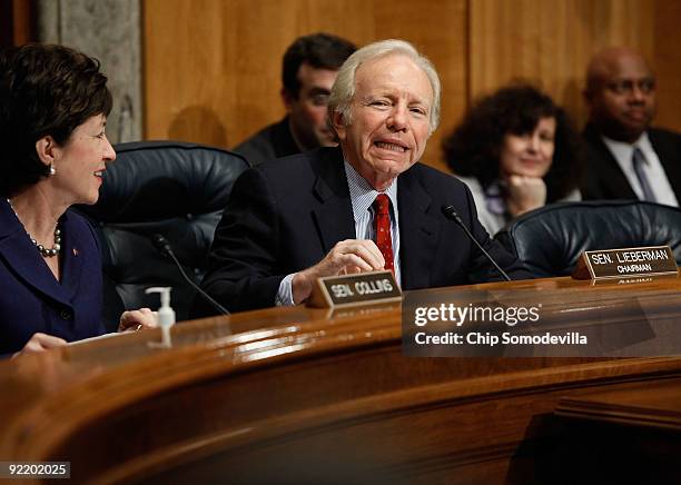 Senate Homeland Security and Governmental Affairs Committee Chairman Joe Lieberman questions witnesses as ranking member Sen. Susan Collins looks on...