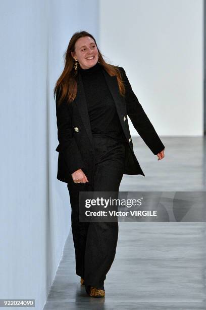 Designer Amy Powney walks the runway at the Mother of Pearl Ready to Wear Fall/Winter 2018-2019 fashion show during London Fashion Week February 2018...