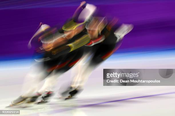 Roxanne Dufter, Claudia Pechstein and Gabriele Hirschbichler of Germany compete during the Speed Skating Ladies' Team Pursuit Final C on day 12 of...