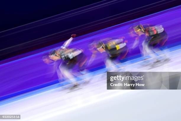 Roxanne Dufter, Claudia Pechstein and Gabriele Hirschbichler of Germany compete during the Speed Skating Ladies' Team Pursuit Final C on day 12 of...