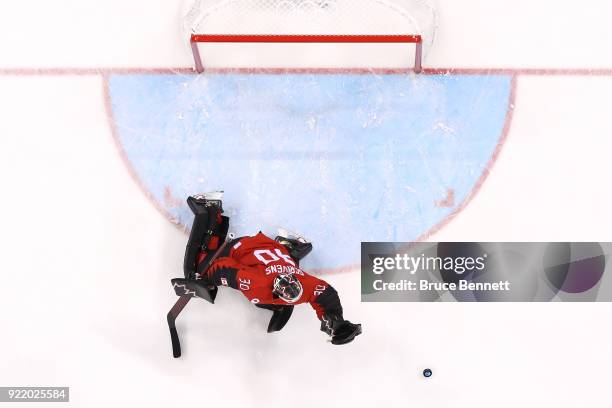 Ben Scrivens of Canada makes a save in the first period against Finland during the Men's Play-offs Quarterfinals on day twelve of the PyeongChang...