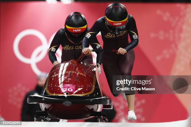 An Vannieuwenhuyse and Sophie Vercruyssen of Belgium slide during the Women's Bobsleigh heats on day twelve of the PyeongChang 2018 Winter Olympic...