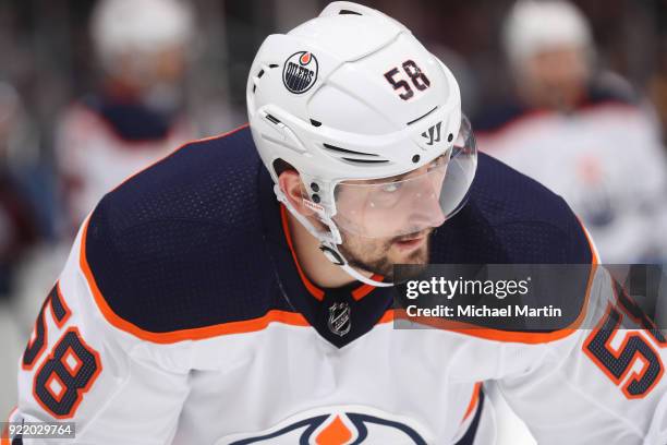 Anton Slepyshev of the Edmonton Oilers skates against the Colorado Avalanche at the Pepsi Center on February 18, 2018 in Denver, Colorado. The Oilers...