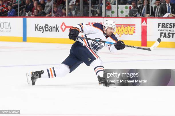 Kris Russell of the Edmonton Oilers shoots against the Colorado Avalanche at the Pepsi Center on February 18, 2018 in Denver, Colorado. The Oilers...