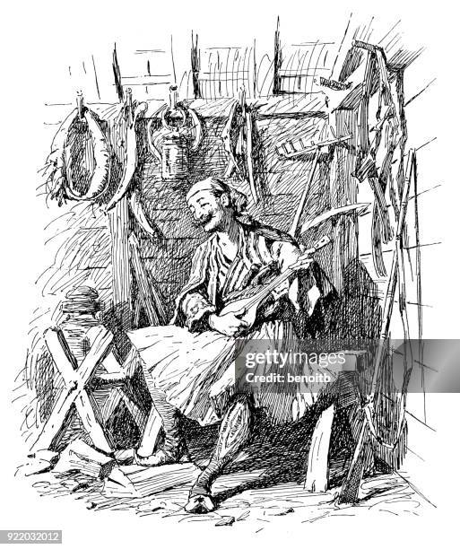 greek man playing the bouzouki - man shed stock illustrations