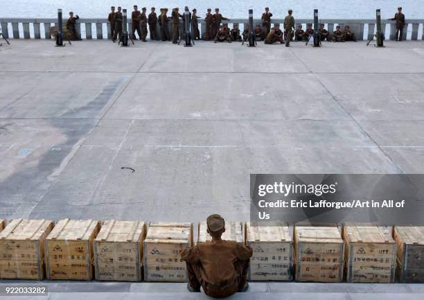 North Korean soldiers during a fireworks preparation on Taedong river, Pyongan Province, Pyongyang, North Korea on September 9, 2008 in Pyongyang,...