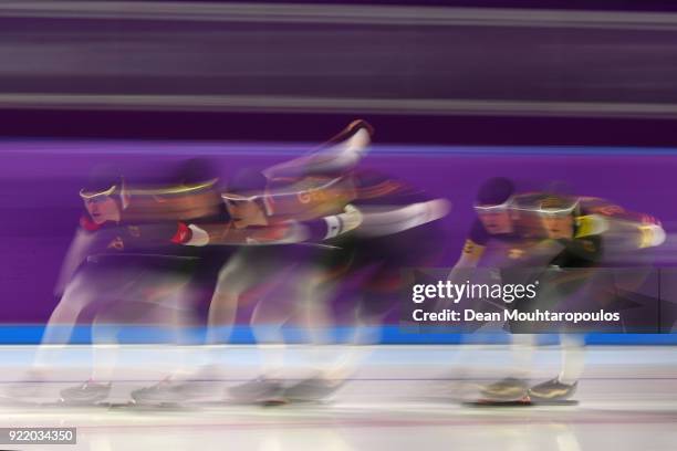 Gabriele Hirschbichler, Roxanne Dufter and Claudia Pechstein of Germany compete during the Speed Skating Ladies' Team Pursuit Final C on day 12 of...