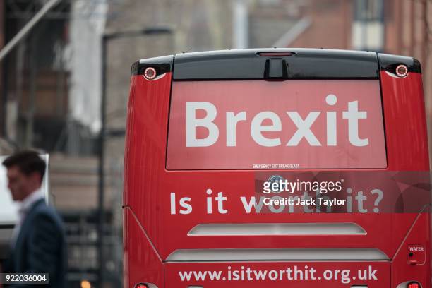 An anti-Brexit campaign battle bus drives through Westminster on February 21, 2018 in London, England. The crowd-funded coach is to tour the country...