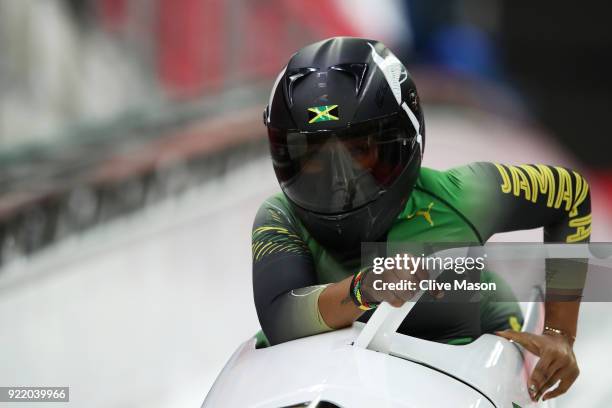 Jazmine Fenlator-Victorian and Carrie Russell of Jamaica slide during the Women's Bobsleigh heats on day twelve of the PyeongChang 2018 Winter...