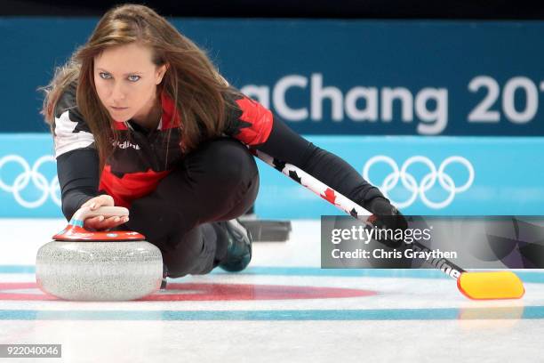 Rachel Homan of Canada competes against Great Britian during the Women's Round Robin Session 11 at Gangneung Curling Centre on February 21, 2018 in...