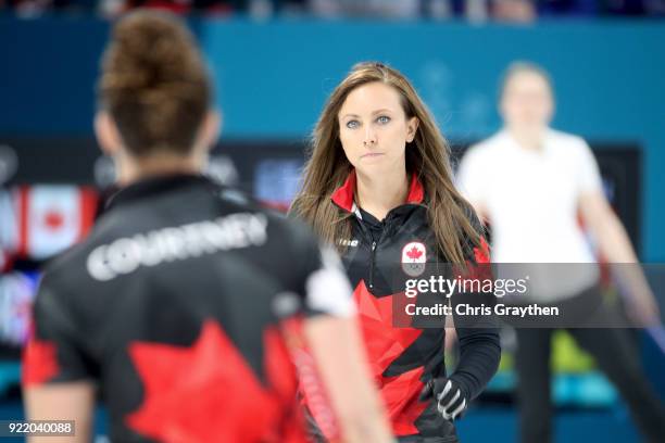 Rachel Homan of Canada competes against Great Britian during the Women's Round Robin Session 11 at Gangneung Curling Centre on February 21, 2018 in...