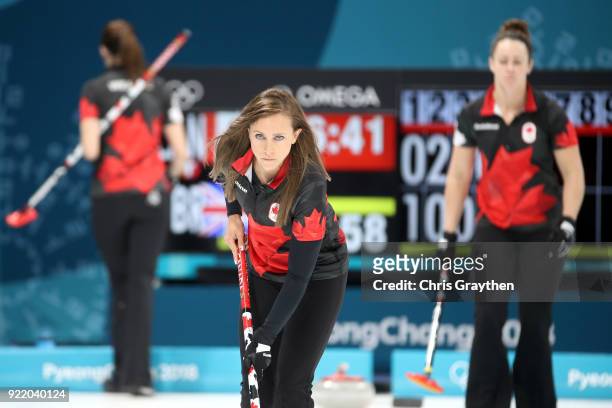 Rachel Homan of Canada competes against Great Britian during the Women's Round Robin Session 11 at Gangneung Curling Centre on February 21, 2018 in...
