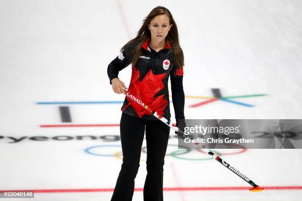 Rachel Homan of Canada competes against Great Britian during the Women's Round Robin Session 11 at Gangneung Curling Centre on February 21, 2018 in...