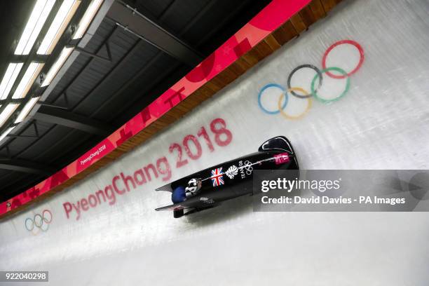 Great Britain's Mica McNeill and Mica Moore compete in the Two Woman Bobsleigh Heat 3 at the Olympic Sliding Centre during day twelve of the...