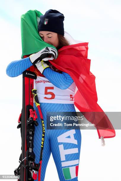 Gold medallist Sofia Goggia of Italy celebrates during the victory ceremony for the Ladies' Downhill on day 12 of the PyeongChang 2018 Winter Olympic...