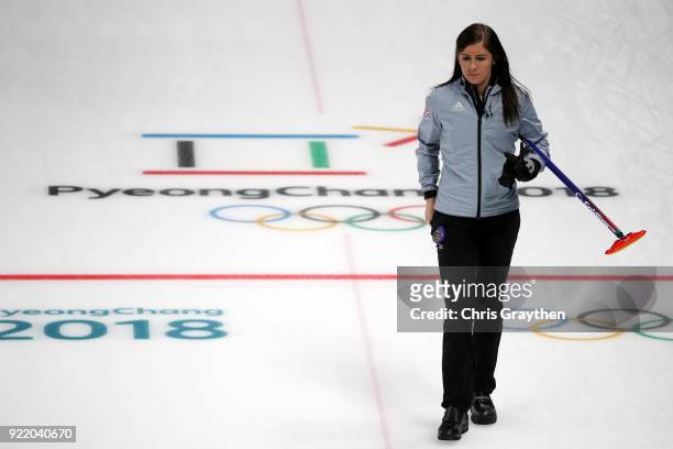 Eve Murihead of Great Britian competes against Canada during the Women's Round Robin Session 11 at Gangneung Curling Centre on February 21, 2018 in...